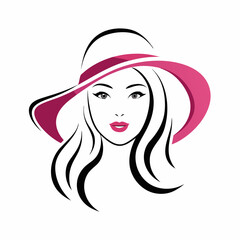 Simple line art logo of a woman wearing a hat, on a white background, vector illustration. Beautiful Woman in Hat Vector.