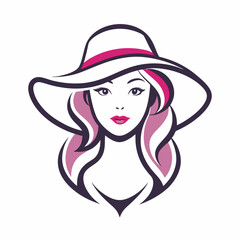 Simple line art logo of a woman wearing a hat, on a white background, vector illustration. Beautiful Woman in Hat Vector.