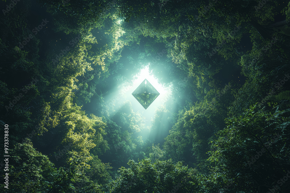 Poster a glowing, diamond-shaped object descending slowly through a dense forest canopy, barely visible thr