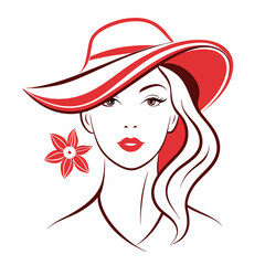 Simple line art logo of a woman wearing a hat, on a white background, vector illustration. Beautiful Woman in Hat Vector.