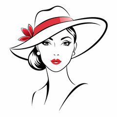 Simple line art logo of a woman wearing a hat, on a white background, vector illustration. Beautiful Woman in Hat Vector.