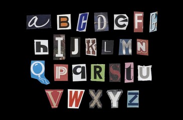 Set of cut-out English alphabet from magazines on a black background, retro y2k style