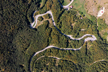 The view from air to the serpentine road in Durmitor National park