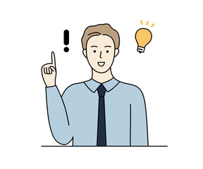 Smiling businessman solving problem with light bulb. Man with good idea. Creativity, success, decision making, brainstorm concept. Hand drawn character vector design illustrations.