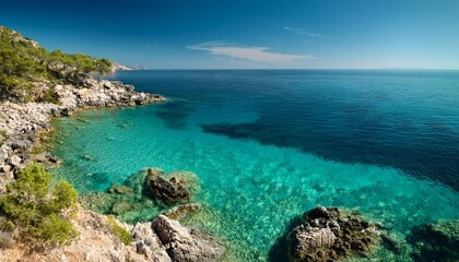 Fototapeta premium Mediterranean Coastline with Crystal Clear Waters and Rocky Shores, A European Paradise