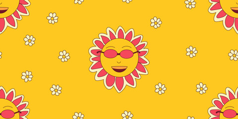 Retro 70s Seamless Hippie Pattern. Happy Sun in Sunglasses with Daisies Background. Psychedelic Groove Elements.