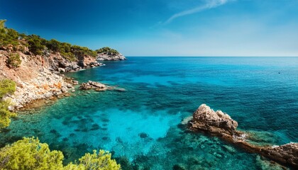 Fototapeta premium Mediterranean Coastline with Crystal Clear Waters and Rocky Shores, A European Paradise