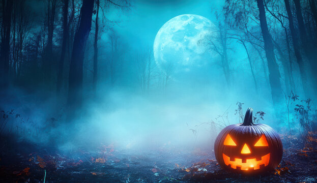 A Halloween pumpkin in a foggy forest with a full moon in the background, creating a spooky Halloween scene. This could be used as a banner design for a Halloween-themed event or product. The color ..