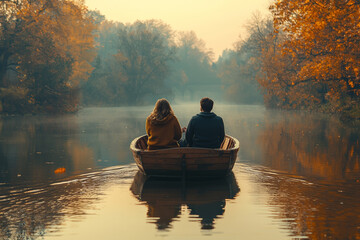 Two people laughing during a romantic boat ride on a calm lake, enjoying their peaceful escape. Concept of relaxation and romantic moments.