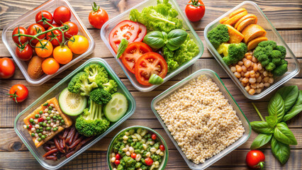 Colorful meal prep featuring fresh vegetables, grains, and legumes in glass containers