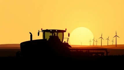 Harvesting Fields at Sunset With Wind Turbines in the Background, Showcasing Agricultural Beauty. Generative AI