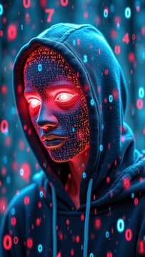 A Young Anonymous Person Dons a Hooded Sweatshirt, Their Face Illuminated With Bright, Animated Patterns