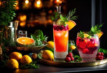 vibrant drink setup showcasing eye catching decorations elegant glassware inviting gathering, beverage, cocktail, barware, arrangement, presentation, display