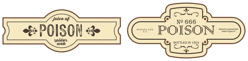 New and grainy paper texture Halloween tags and lables for drinks and food, in a dark mood with funny names / Witch's brew, spider, crow, elf, potion, beetles, venom, web