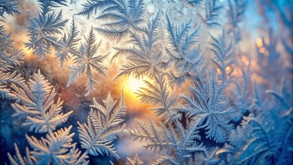 Frosty window pattern with sunset glow in the background, creating a chilly atmosphere
