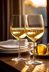 captivating glass white wine showcasing vibrant notes reflections stylish setting, alcohol, beverage, bottle, celebration, chilled, clarity, color, cork