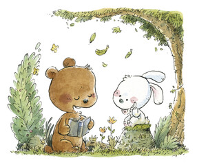 Bear and rabbit reading a book