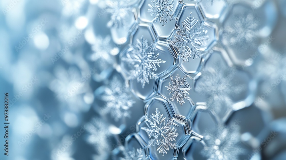 Poster snowflakes arranged in a precise, hexagonal grid on a frosty window, creating a natural geometric pa