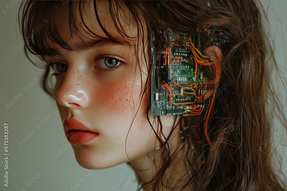 Poster artificial cortex mechatronics virtual assistant sensory substitution and robotic arm woman with exp