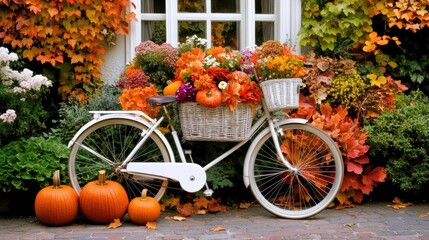 A vintage bicycle features a basket filled with vibrant pumpkins and golden autumn leaves, set against a quaint country house that embodies the spirit of fall
