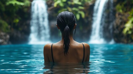 A woman in a black swimsuit swims in a serene jungle pool with two cascading waterfalls in the background, enjoying the refreshing water and natural beauty surrounding her.