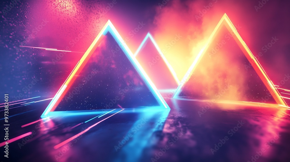 Poster dynamic abstract composition with neon triangles and linear streaks over a radiant gradient backgrou
