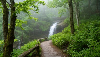 Obraz premium Misty Forest Path Leading to a Hidden Waterfall, Surrounded by Verdant Greenery