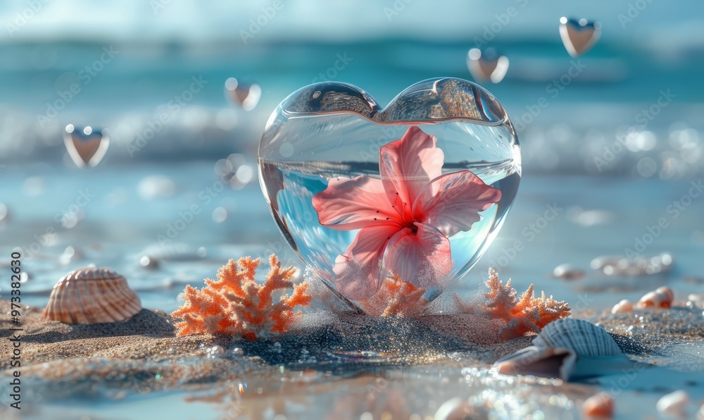 Wall mural heart shaped crystal clear glass, with a pink flower inside and coral around the outside of it.