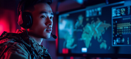 A handsome young Asian man in military uniform with headphones is looking at a monitor that shows maps and various graphics
