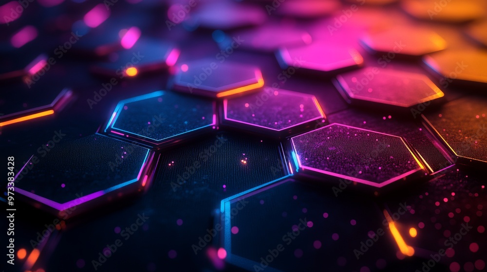 Poster abstract and futuristic hexagonal background with colorful and glowing neon effect. modern technolog