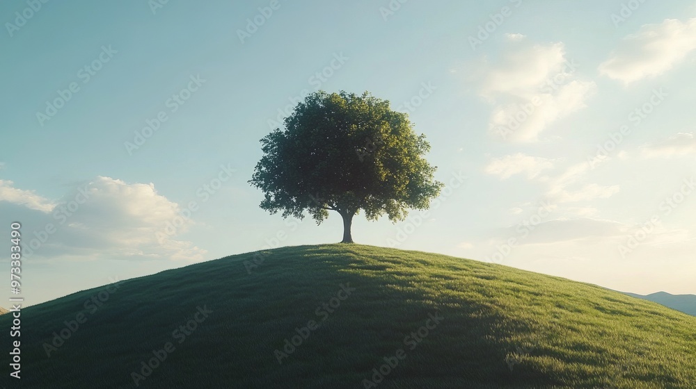 Poster minimalist shot of a single tree on a hill, with soft light and gentle shadows creating a serene, ti