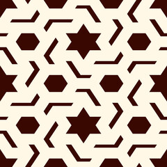 Oriental ancient mosaic seamless pattern. Arabesque ornament. Repeated geometric figures, hexagon, star motif surface print. Ornamental wallpaper. Geo design digital paper. Vector abstract background