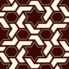 Oriental ancient mosaic seamless pattern. Arabesque ornament. Repeated geometric figures, hexagon, star motif surface print. Ornamental wallpaper. Geo design digital paper. Vector abstract background