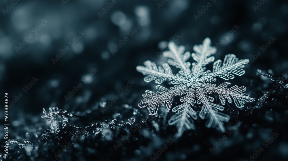 Poster minimalist close-up of a single snowflake on a dark surface, with intricate details and soft shadows