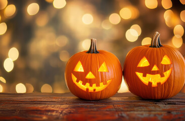 Fototapeta premium close up of carved halloween pumpkins on table 