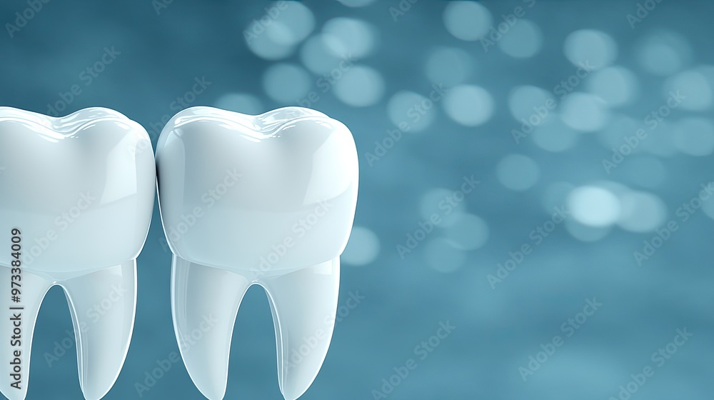 Aufkleber a close-up view of a tooth-shaped object made from transparent glass, glowing with blue light, set a