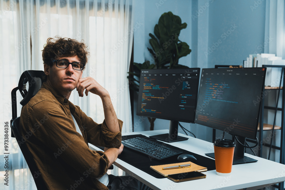 Poster it developer in online software development information looking at camera surrounded coding pc scree