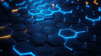 Obraz premium A sleek, modern honeycomb pattern with glowing blue neon lines on a dark background signaling technology and connectivity