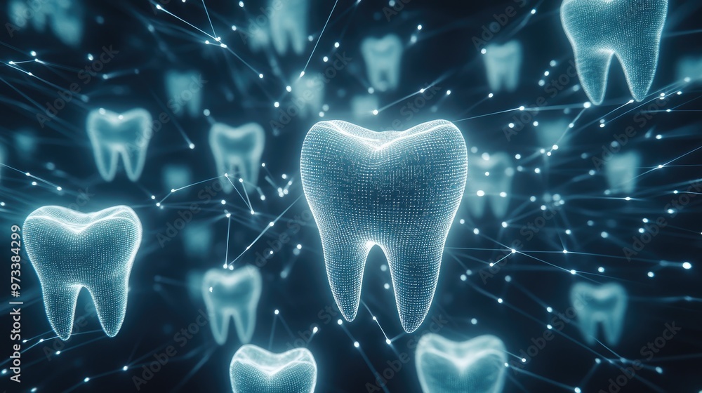 Aufkleber a close-up view of a tooth-shaped object made from transparent glass, glowing with blue light, set a