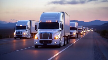 Obraz premium Row of white semi-trucks driving on a highway at dusk.