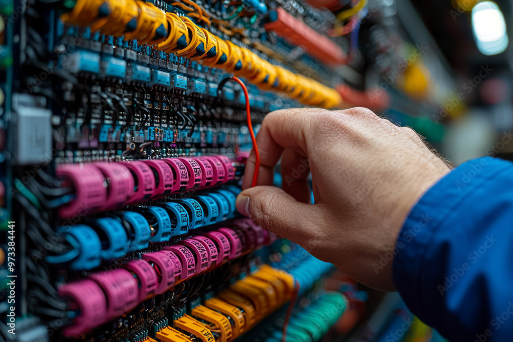 Poster a technician adjusting a maze of colorful wires to fix a complex circuit, illustrating inventive tec