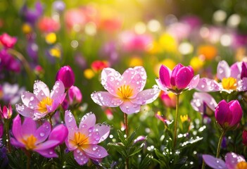 Fototapeta premium vibrant spring flowers displaying bright colors softly blurred background creating lively fresh atmosphere, blooms, petals, botanical, garden, floral