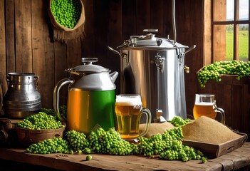 complete home brewing kit featuring essential hops barley components craft beer enthusiasts, ingredients, equipment, fermentation, yeast, bottles, grains