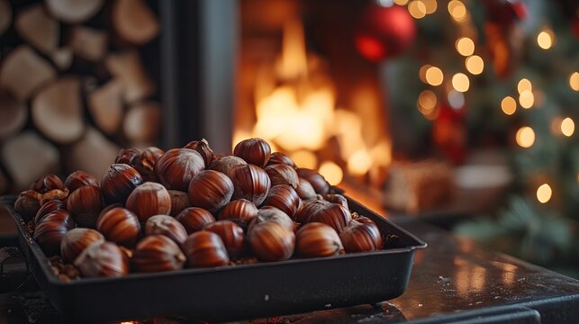 Roasting chestnuts on an open fire in a cozy kitchen, with festive decorations and a warm holiday atmosphere. 4K hyperrealistic photo.