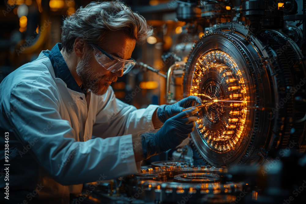 Poster a scientist manipulating magnetic fields to solve a physics problem, illustrating unconventional sci