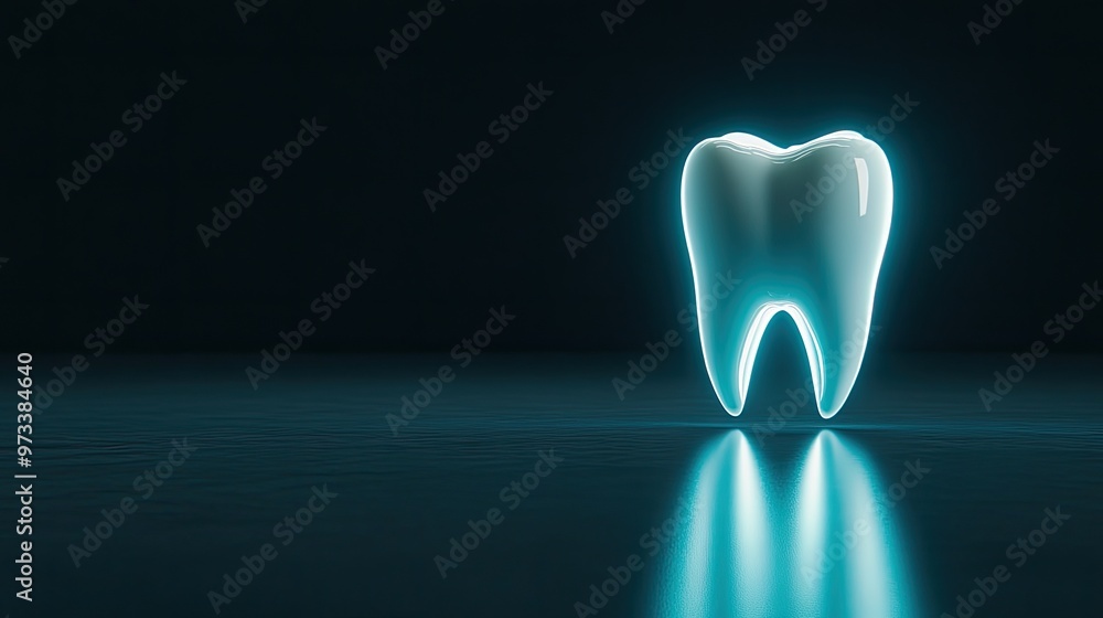 Poster a close-up view of a tooth-shaped object made from transparent glass, glowing with blue light, set a