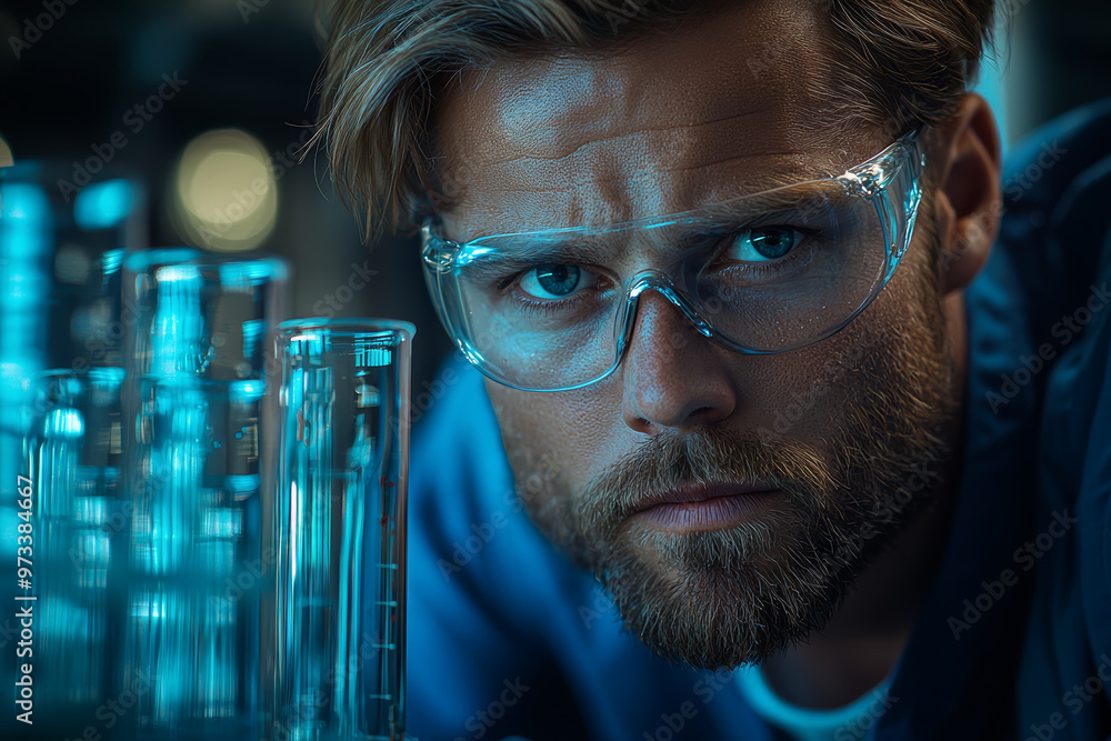 Poster a scientist experimenting with liquid-filled tubes to demonstrate fluid dynamics and creative soluti
