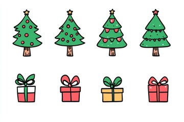 Whimsical collection of hand-drawn Christmas trees and colorful gift boxes celebrating the festive spirit in a cozy winter setting