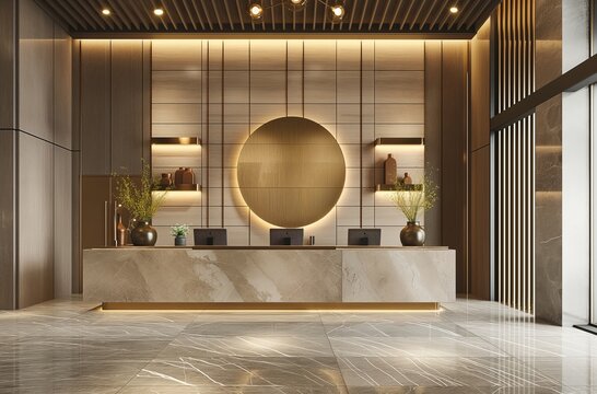 Modern and luxury hotel reception interior design with big round mirror