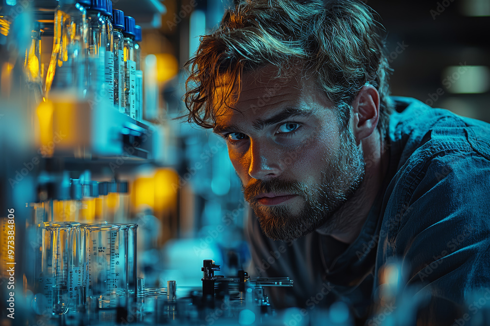 Poster a researcher conducting an experiment with advanced lab equipment, observing and recording precise m
